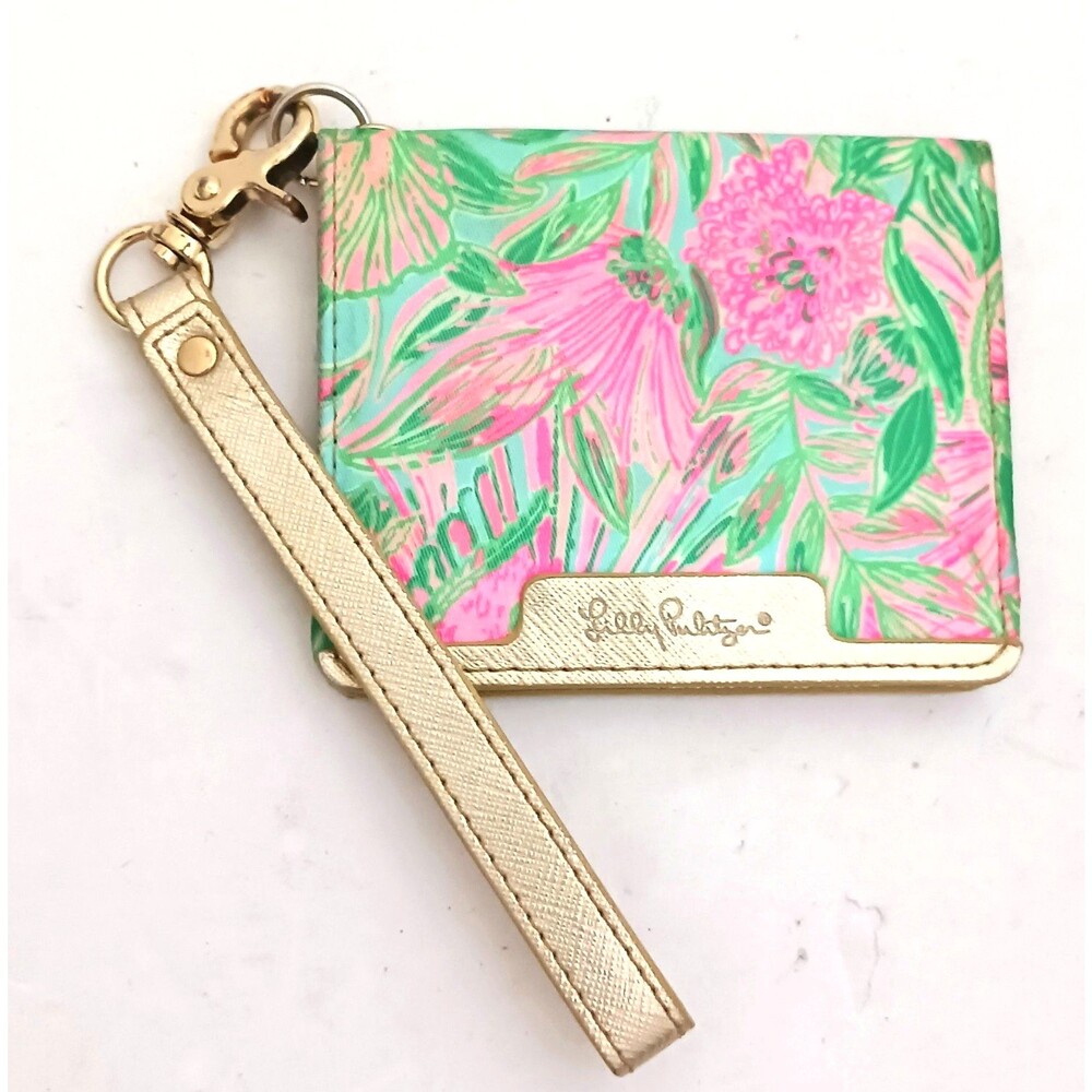 Lilly Pulitzer Snap ID Card Case Wristlet Wallet Coming in Hot w Gold Trim 4X3.5
